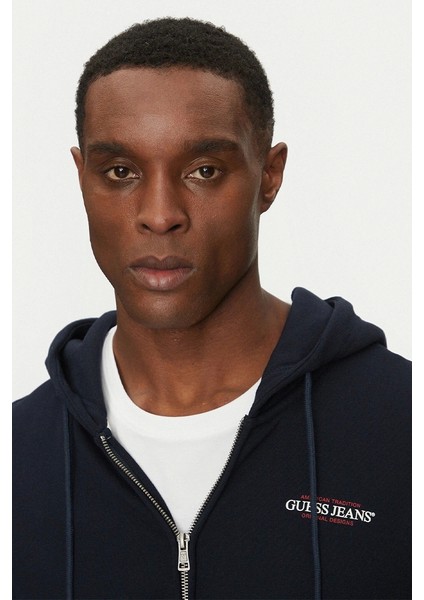 Guess Erkek Bej Pamuklu Kapüşonlu Lacivert Sweatshirt fırsatları