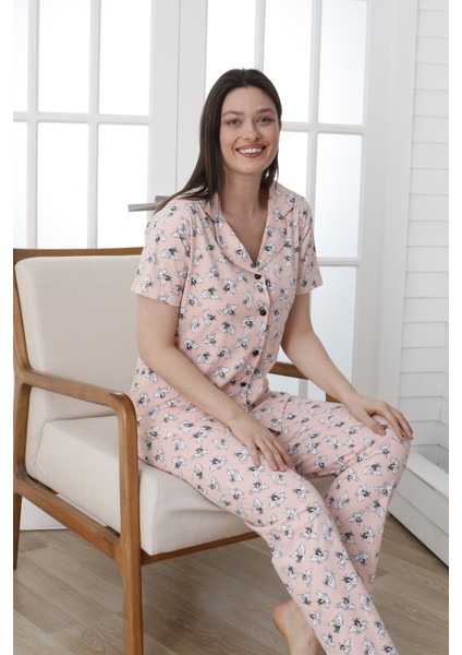 Önü Düğmeli Desenli Kısa Kol Süprem Kadın Pijama Takımı VG138