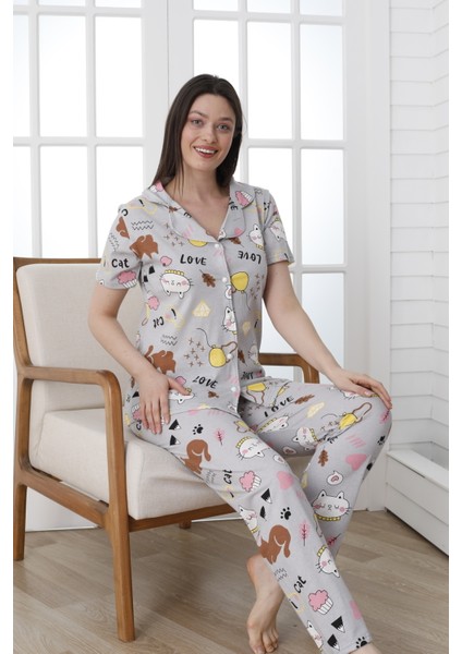 Önü Düğmeli Desenli Kısa Kol Süprem Kadın Pijama Takımı VG138