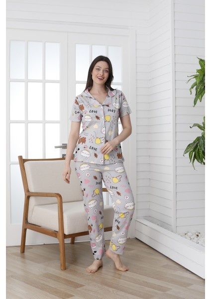 Önü Düğmeli Desenli Kısa Kol Süprem Kadın Pijama Takımı VG138