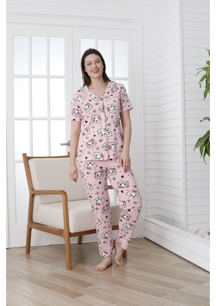 Önü Düğmeli Desenli Kısa Kol Süprem Kadın Pijama Takımı VG138