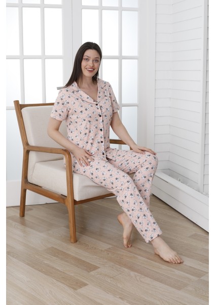 Önü Düğmeli Desenli Kısa Kol Süprem Kadın Pijama Takımı VG138