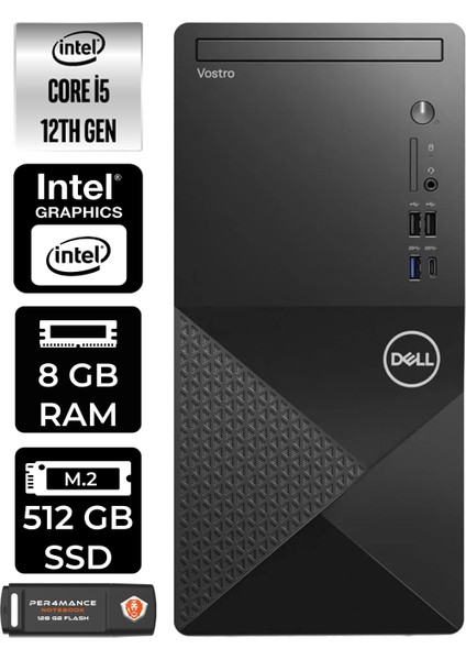 Vostro 3030 Intel Core I5 12400 8gb 512GB SSD Fdos Masaüstü Bilgisayar & Per4 USB Bellek N6004VDT3030MTUP302