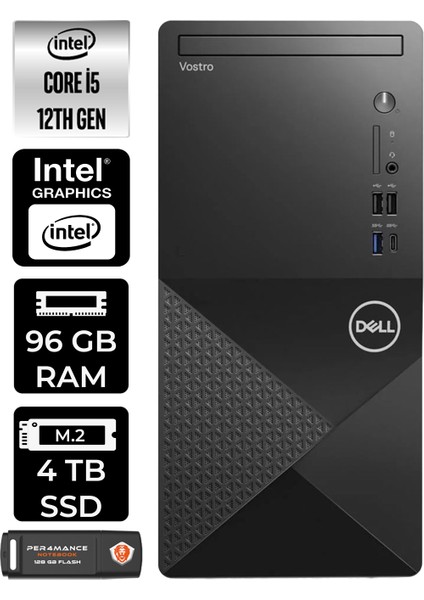 Vostro 3030 Intel Core I5 12400 96GB 4tb SSD Windows 11 Pro Masaüstü Bilgisayar & Per4 USB Bellek N6004VDT3030MTUP420