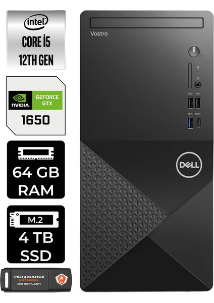 Vostro 3030 Intel Core I5 12400 64GB 4tb SSD GTX1650/4GB Fdos Masaüstü Bilgisayar & Per4 USB Bellek N6004VDT3030MTUP335