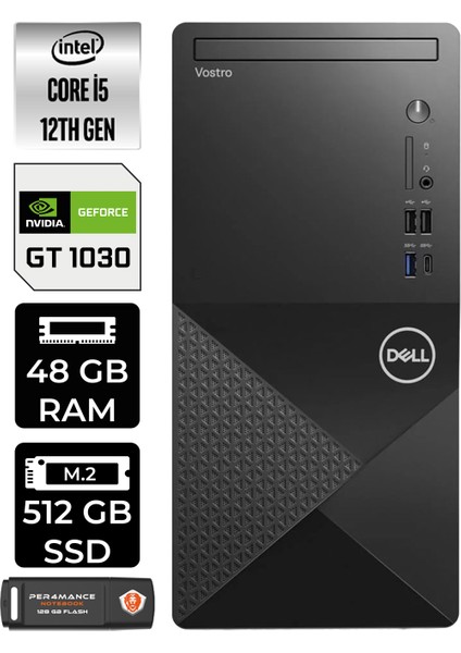 Vostro 3030 Intel Core I5 12400 48GB 512GB SSD GT1030/4GB Fdos Masaüstü Bilgisayar & Per4 USB Bellek N6004VDT3030MTUP327