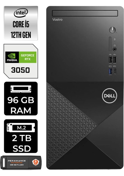 Vostro 3030 Intel Core I5 12400 96GB 2tb SSD RTX3050/6GB Fdos Masaüstü Bilgisayar & Per4 USB Bellek N6004VDT3030MTUP339