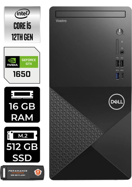 Vostro 3030 Intel Core I5 12400 16GB 512GB SSD GTX1650/4GB Windows 11 Home Masaüstü Bilgisayar & Per4 USB Bellek N6004VDT3030MTUP347