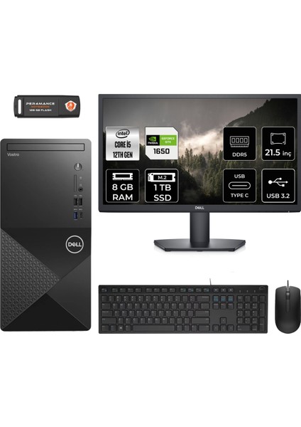 Vostro 3030 Intel Core I5 12400 8gb 1tb SSD GTX1650/4GB 21.5" Fhd Monitör Fdos Masaüstü Bilgisayar & Per4 USB Bellek N6004VDT3030MTUMNT2303