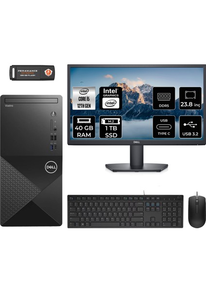 Vostro 3030 Intel Core I5 12400 40GB 1tb SSD 23.8" Fhd Monitör Fdos Masaüstü Bilgisayar & Per4 USB Bellek N6004VDT3030MTUMNT323