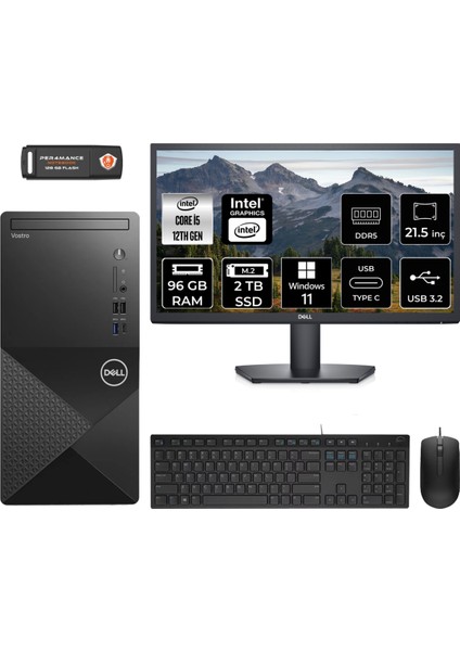 Vostro 3030 Intel Core I5 12400 96GB 2tb SSD 21.5" Fhd Monitör Windows 11 Pro Masaüstü Bilgisayar & Per4 USB Bellek N6004VDT3030MTUMNT419