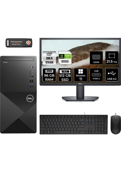 Vostro 3030 Intel Core I5 12400 96GB 512GB SSD RTX3050/6GB 21.5" Fhd Monitör Windows 11 Home Masaüstü Bilgisayar & Per4 USB Bellek N6004VDT3030MTUMNT3377
