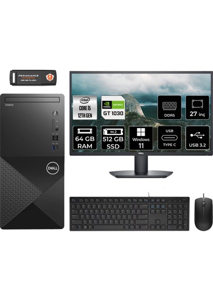 Vostro 3030 Intel Core I5 12400 64GB 512GB SSD GT1030/4GB 27" Fhd Monitör Windows 11 Home Masaüstü Bilgisayar & Per4 USB Bellek N6004VDT3030MTUMNT1372