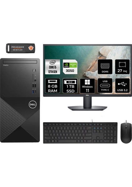 Vostro 3030 Intel Core I5 12400 8gb 1tb SSD RTX3050/6GB 27" Fhd Monitör Windows 11 Home Masaüstü Bilgisayar & Per4 USB Bellek N6004VDT3030MTUMNT3343