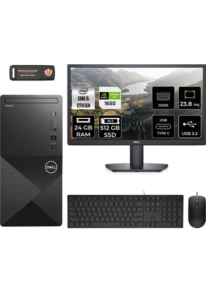 Vostro 3030 Intel Core I5 12400 24GB 512GB SSD GTX1650/4GB 23.8" Fhd Monitör Fdos Masaüstü Bilgisayar & Per4 USB Bellek N6004VDT3030MTUMNT2312