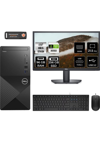 Vostro 3030 Intel Core I5 12400 96GB 256GB SSD RTX3050/6GB 21.5" Fhd Monitör Fdos Masaüstü Bilgisayar & Per4 USB Bellek N6004VDT3030MTUMNT3336