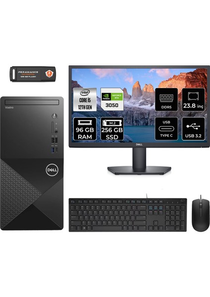 Vostro 3030 Intel Core I5 12400 96GB 256GB SSD RTX3050/6GB 23.8" Fhd Monitör Fdos Masaüstü Bilgisayar & Per4 USB Bellek N6004VDT3030MTUMNT3336