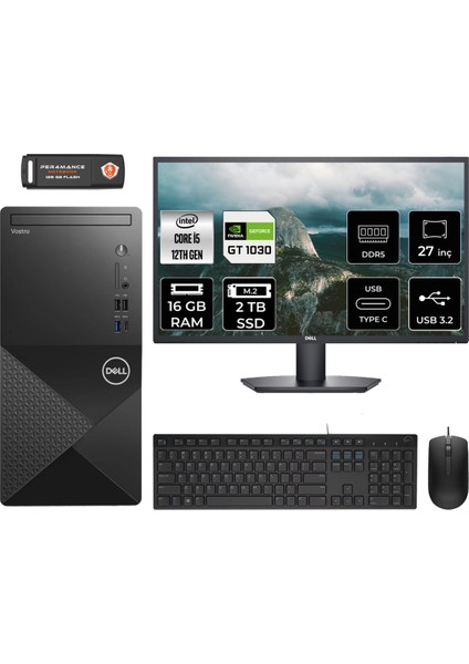 Vostro 3030 Intel Core I5 12400 16GB 2tb SSD GT1030/4GB 27" Fhd Monitör Fdos Masaüstü Bilgisayar & Per4 USB Bellek N6004VDT3030MTUMNT1309