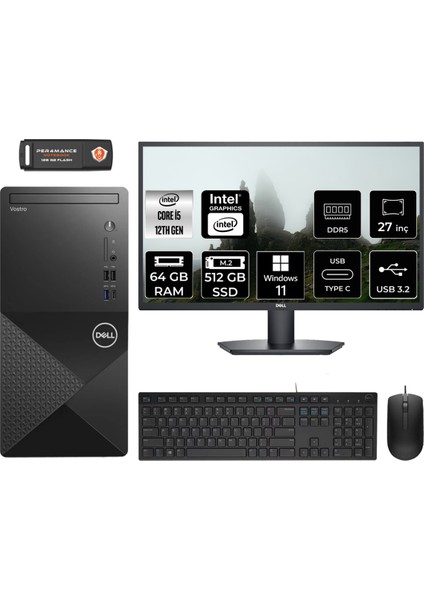 Vostro 3030 Intel Core I5 12400 64GB 512GB SSD 27" Fhd Monitör Windows 11 Home Masaüstü Bilgisayar & Per4 USB Bellek N6004VDT3030MTUMNT372