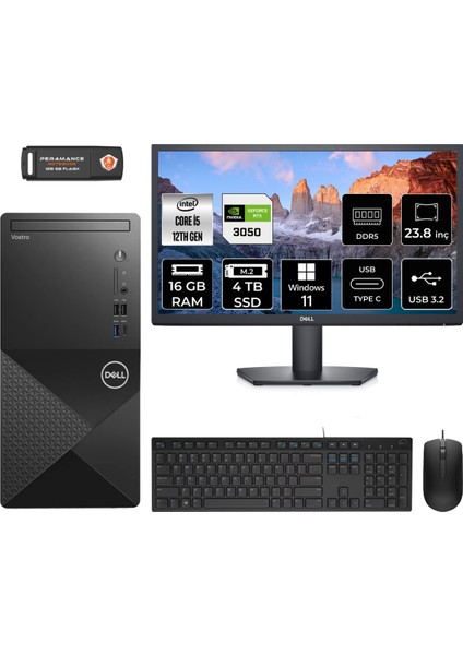 Vostro 3030 Intel Core I5 12400 16GB 4tb SSD RTX3050/6GB 23.8" Fhd Monitör Windows 11 Pro Masaüstü Bilgisayar & Per4 USB Bellek N6004VDT3030MTUMNT3390