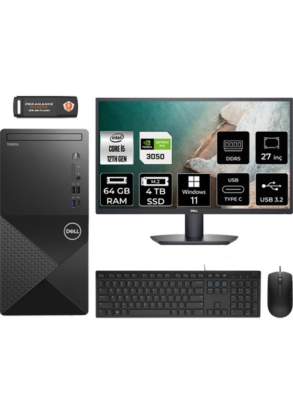 Vostro 3030 Intel Core I5 12400 64GB 4tb SSD RTX3050/6GB 27" Fhd Monitör Windows 11 Home Masaüstü Bilgisayar & Per4 USB Bellek N6004VDT3030MTUMNT3375