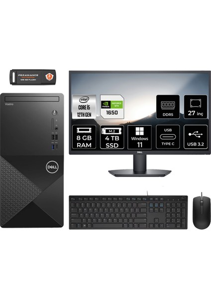 Vostro 3030 Intel Core I5 12400 8gb 4tb SSD GTX1650/4GB 27" Fhd Monitör Windows 11 Home Masaüstü Bilgisayar & Per4 USB Bellek N6004VDT3030MTUMNT2345