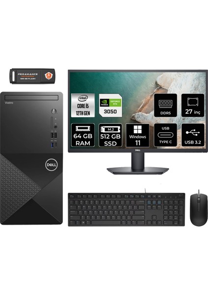 Vostro 3030 Intel Core I5 12400 64GB 512GB SSD RTX3050/6GB 27" Fhd Monitör Windows 11 Home Masaüstü Bilgisayar & Per4 USB Bellek N6004VDT3030MTUMNT3372