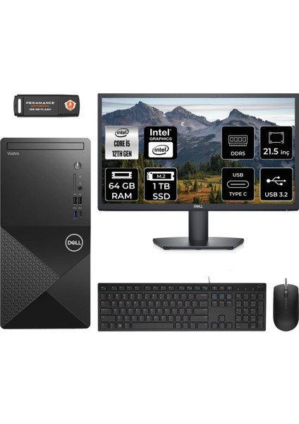 Vostro 3030 Intel Core I5 12400 64GB 1tb SSD 21.5" Fhd Monitör Fdos Masaüstü Bilgisayar & Per4 USB Bellek N6004VDT3030MTUMNT333