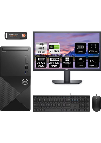 Vostro 3030 Intel Core I5 12400 96GB 256GB SSD GT1030/4GB 21.5" Fhd Monitör Windows 11 Home Masaüstü Bilgisayar & Per4 USB Bellek N6004VDT3030MTUMNT1376
