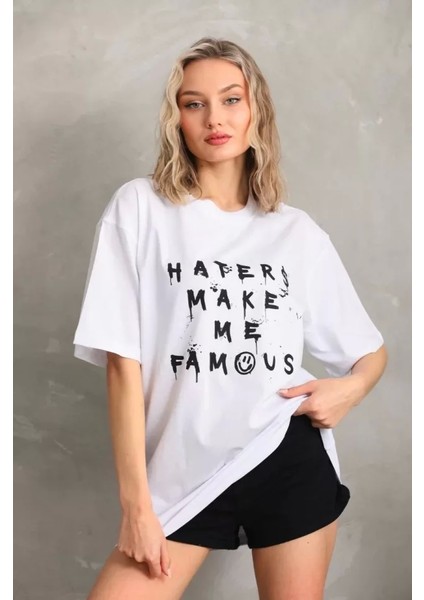 Unisex Baskılı Oversize Thirt Beyaz