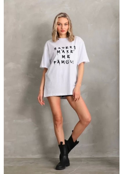 Unisex Baskılı Oversize Thirt Beyaz
