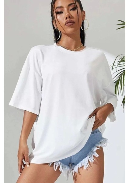 Unisex Baskılı Oversize Thirt Beyaz