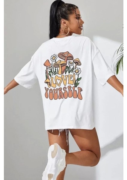 Unisex Baskılı Oversize Thirt Beyaz