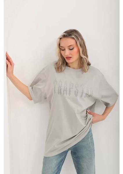 Unisex Taş Desenli Oversize Thirt Gri