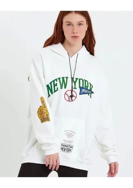 Baskılı Kapüşonlu Weatshirt Beyaz