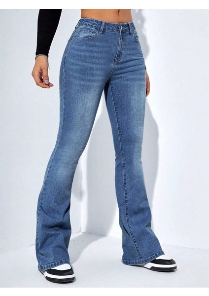 Kadın Yüksek Bel Cepli Ispanyol Paçalı Kot Jeans Pantolon