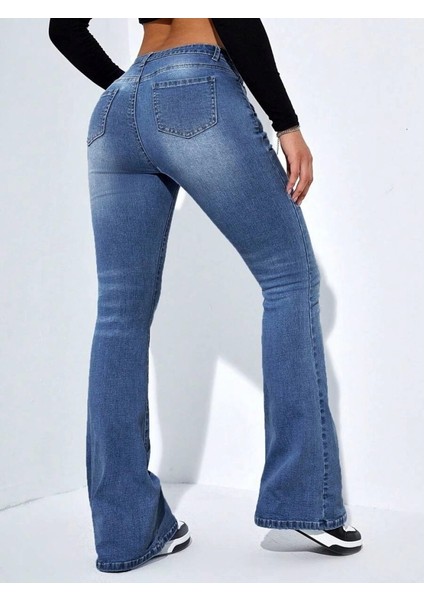 Kadın Yüksek Bel Cepli Ispanyol Paçalı Kot Jeans Pantolon