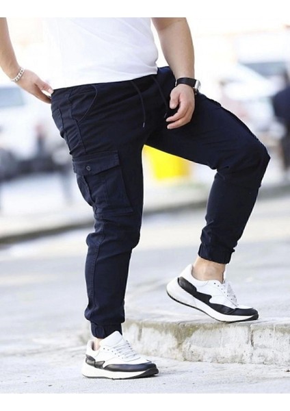 Likralı Beli ve Paçası Lastikli Lacivert Kargo Pantolon