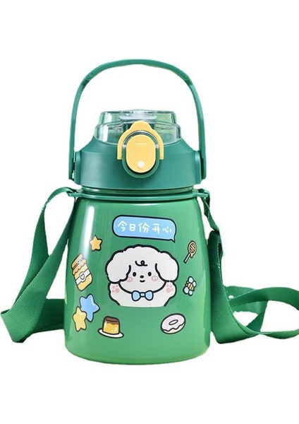 304 L Çelik Beyaz 850 ml Askılı ve Pipetli Sticker Yapıştırmalı Matara Suluk 946