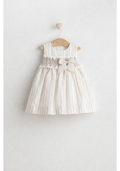 Kız Bebek Nostalgia Elbise Bej Renk - Fiyonk ve Dantel Detaylı Çizgili Tasarım