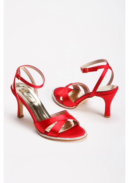 Kadın Kırmızı Saten Taşlı Biyeli Abiye Ayakkabı modelleri