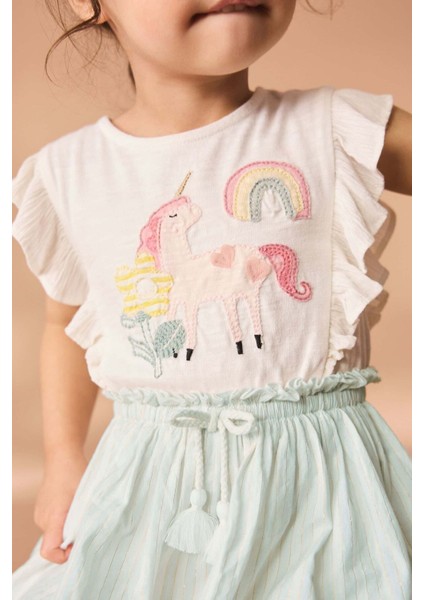 % 100 Pamuklu Beyaz Unicorn Desenli Kısa Kollu Elbise fırsatları
