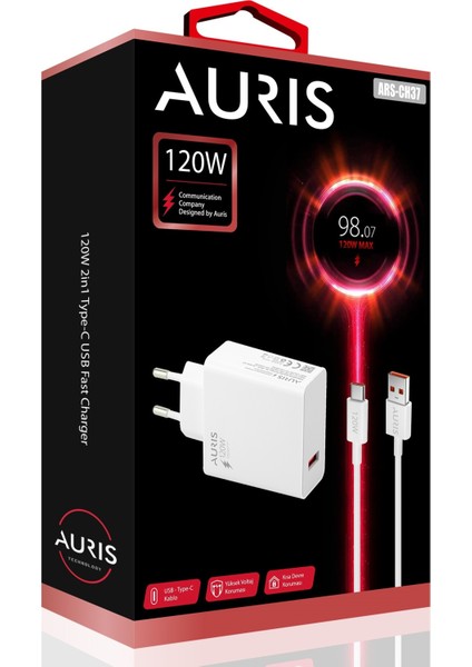 Auris 120 Watt USB To Type C Yüksek Hızlı Şarj Aleti Seti 120 W USB Başlık + Type C Kablo Saliseli