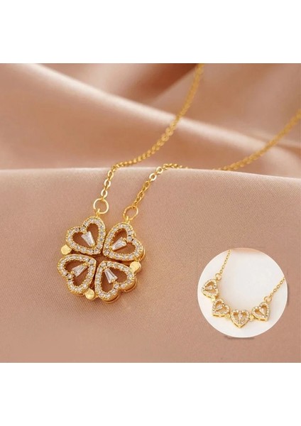 Kadın Açılıp Kapanabilen Kalpli Gold Yonca Çelik Kolye
