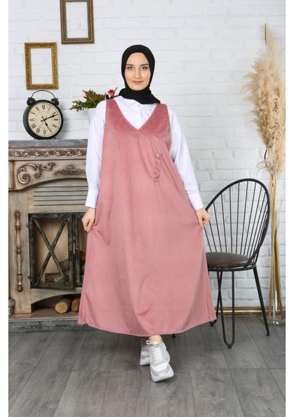 Düğme Detaylı Kadife Salopet Elbise