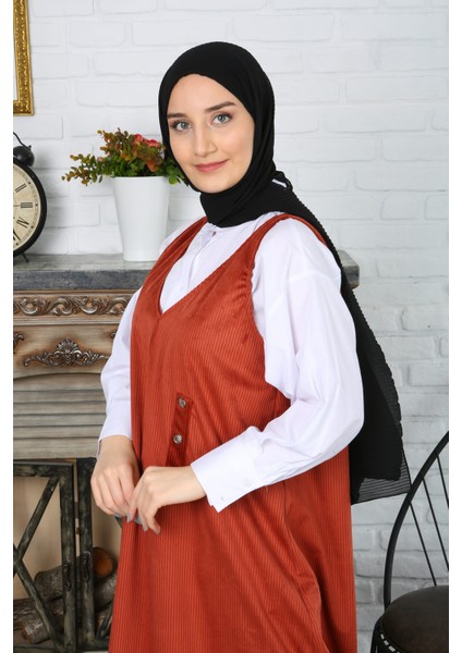 Düğme Detaylı Kadife Salopet Elbise