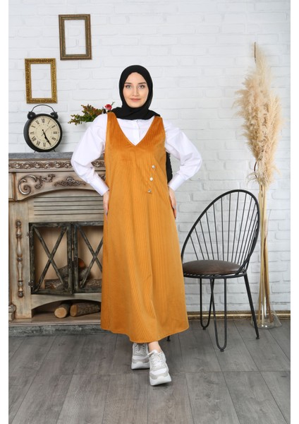 Düğme Detaylı Kadife Salopet Elbise