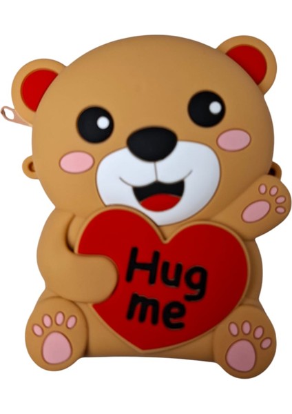 Kız Çocuk Açık Kahverengi Renk Kalp Figürlü Sevimli Ayıcık Mini Silikon Çanta Cüzdan