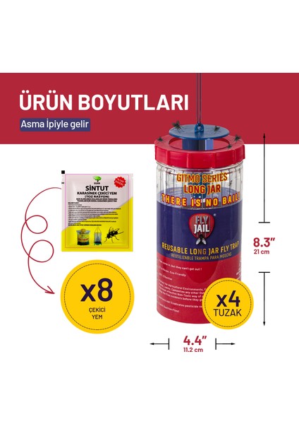 4 Adet Fly Jaıl | Long Jar, 1.5 Litre Kavanoz Tipi Karasinek Tuzağı