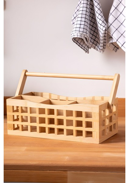 4 Bölmeli Bambu Sepet Kaşıklık Çok Amaçlı Organizer